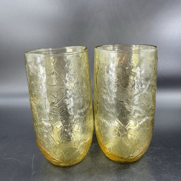 Anchor Hocking Sherwood Amber Glass Leaf Textured Glasses Vintage Glassware Set2 - Picture 11 of 12